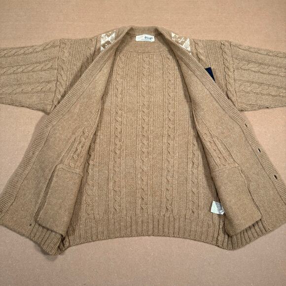 Vintage Pringle of Scotland Wool Cardigan Cable Knit Fair Isle Brown L 80s NWT - Picture 5 of 8